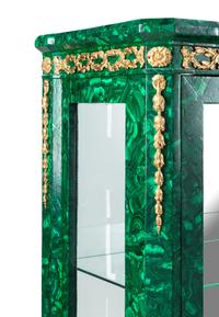 A Pair of Louis XVI Style Gilt Bronze Mounted Malachite Vitrine Cabinets
