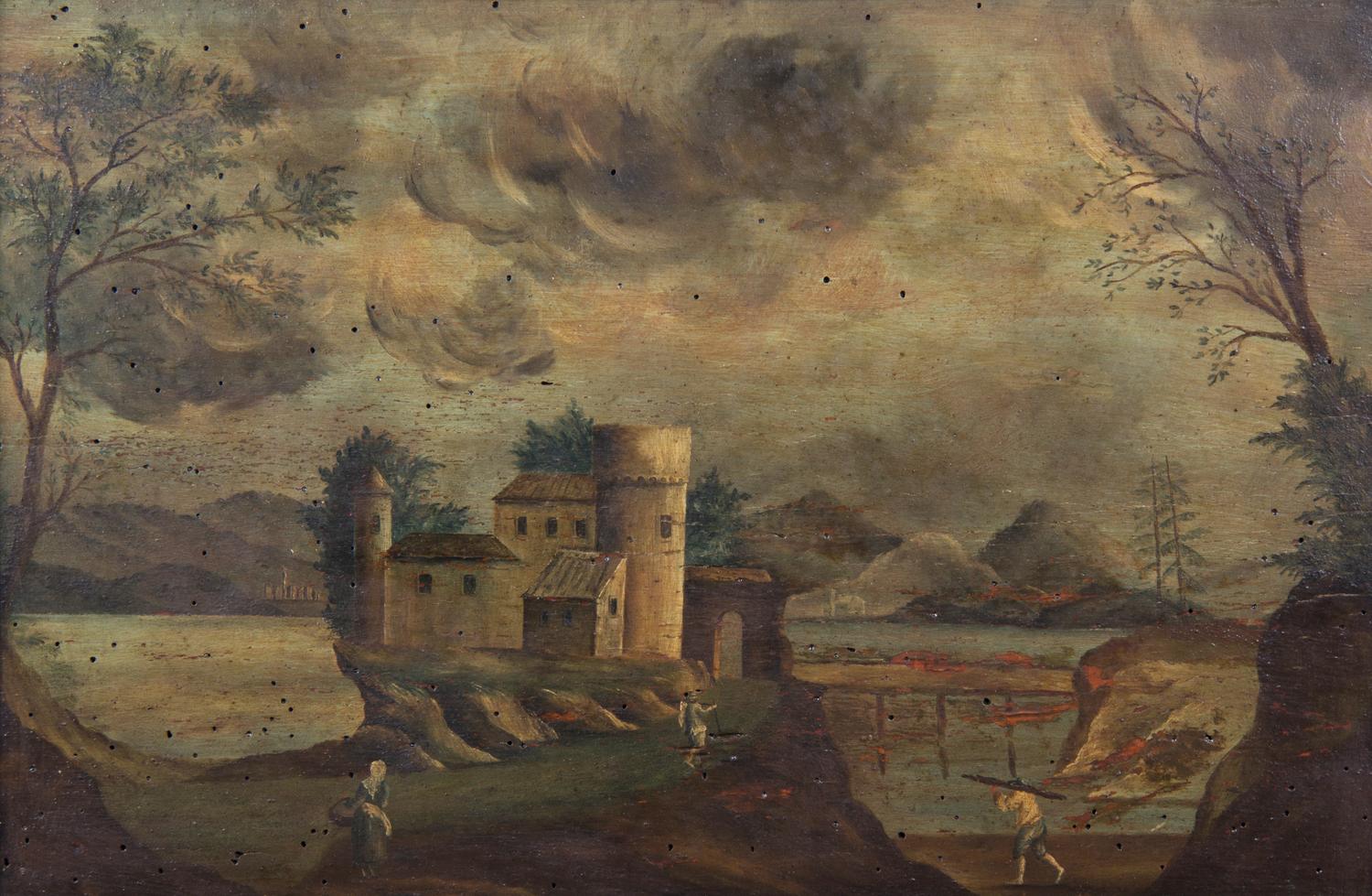Artist Unknown, (Continental, 18th/19th century), Two pairs of paintings: Harbor, Landscape with Ruins, House on Island with Footbridge