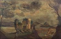 Artist Unknown, (Continental, 18th/19th century), Two pairs of paintings: Harbor, Landscape with Ruins, House on Island with Footbridge