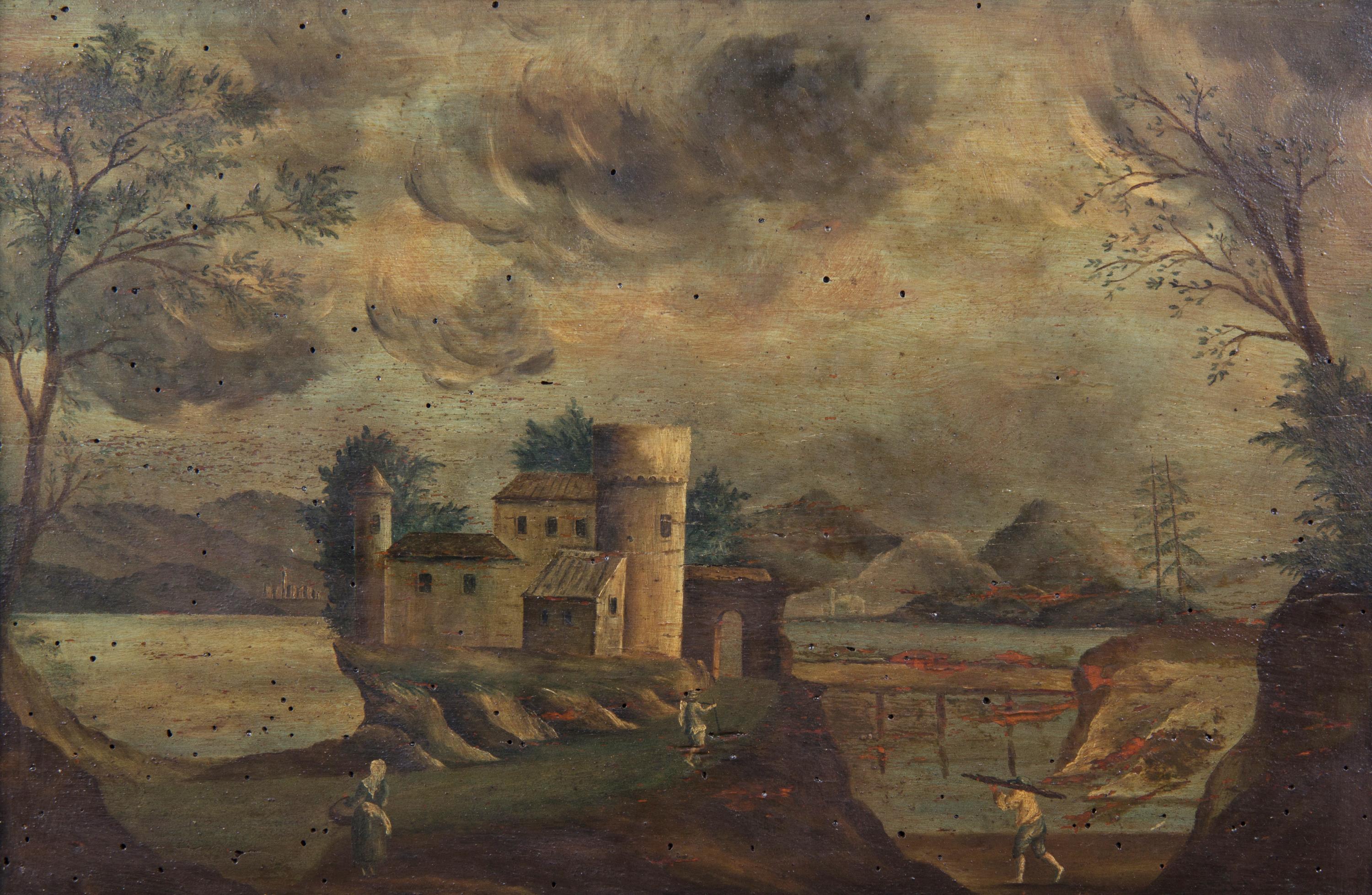 Artist Unknown, (Continental, 18th/19th century), Two pairs of paintings: Harbor, Landscape with Ruins, House on Island with Footbridge