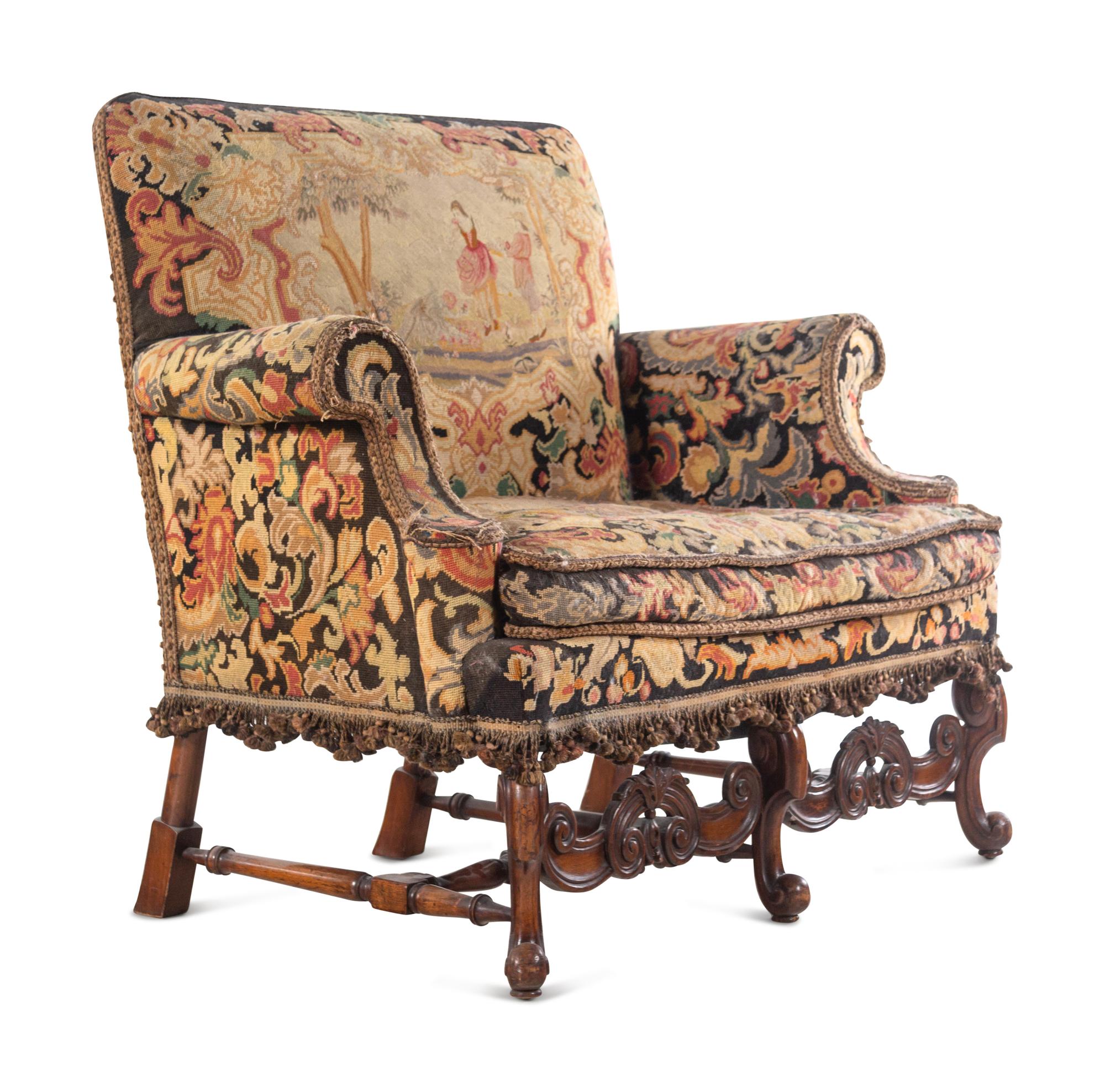 A William and Mary Style Needlepoint-Upholstered Carved Walnut Settee