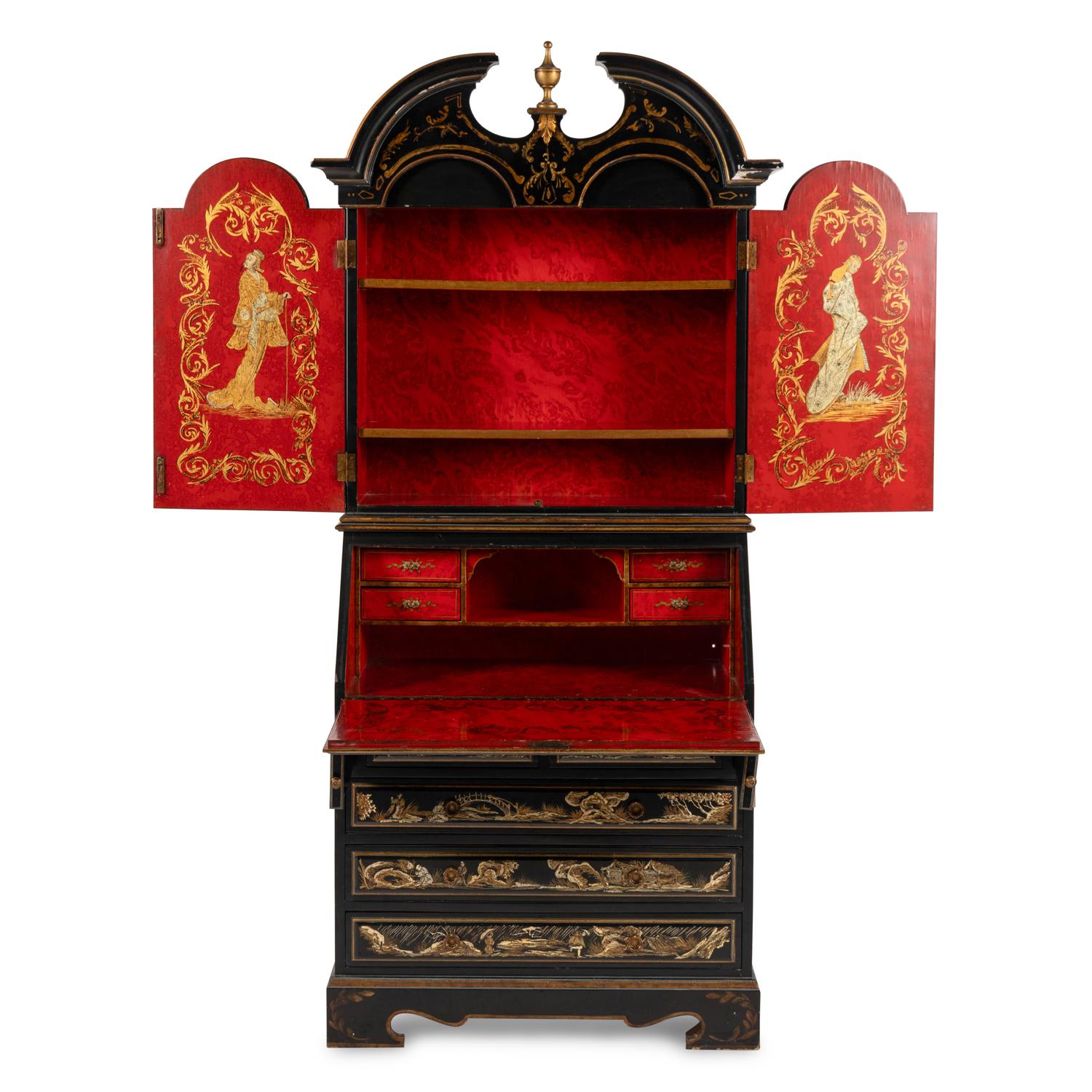 A Georgian Style Black and Gilt-Japanned Bureau Cabinet