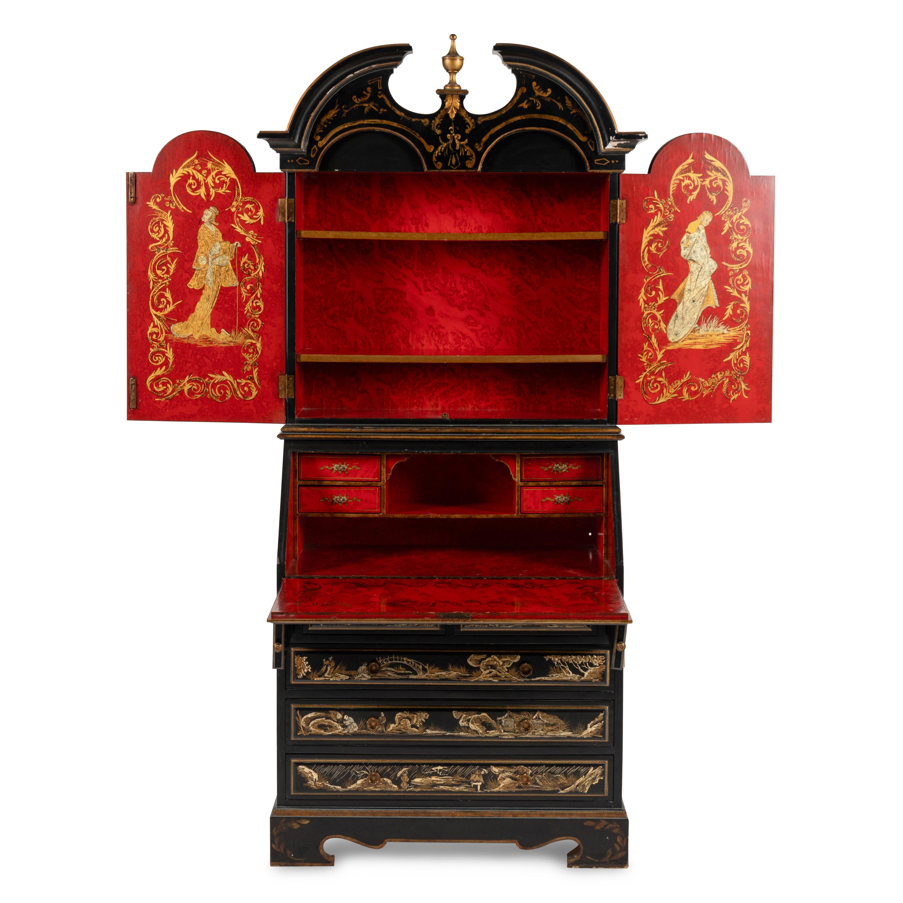 A Georgian Style Black and Gilt-Japanned Bureau Cabinet