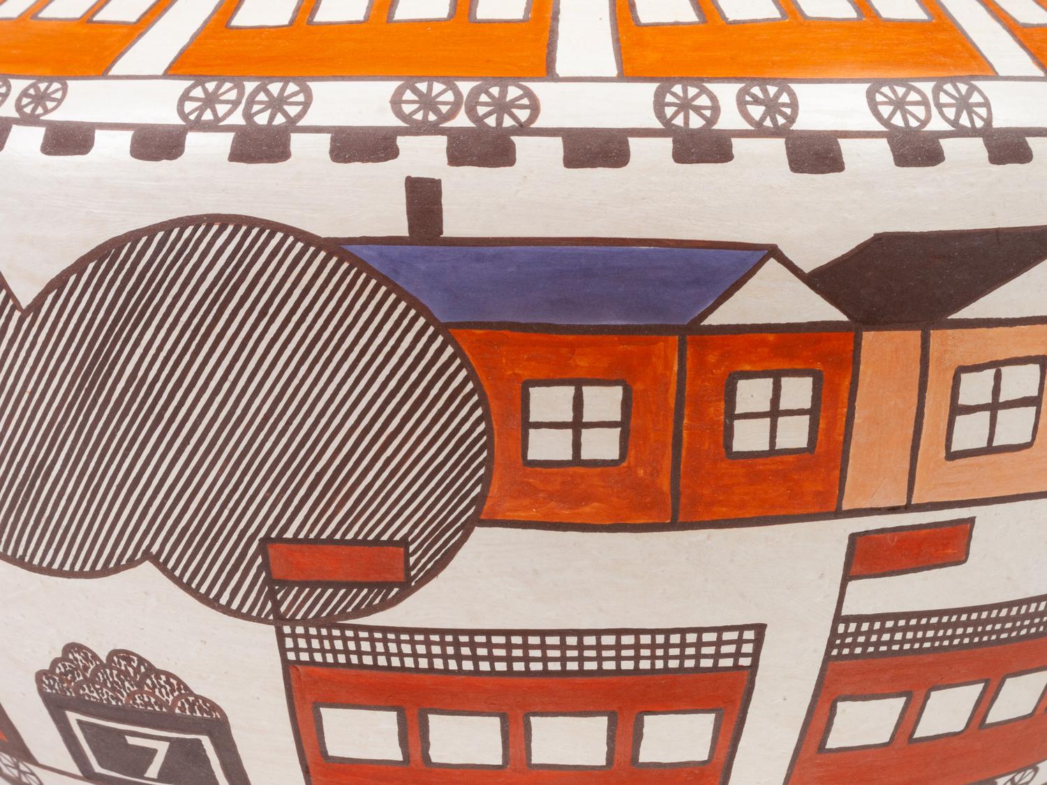 Polychrome Pottery Jar, with Trains