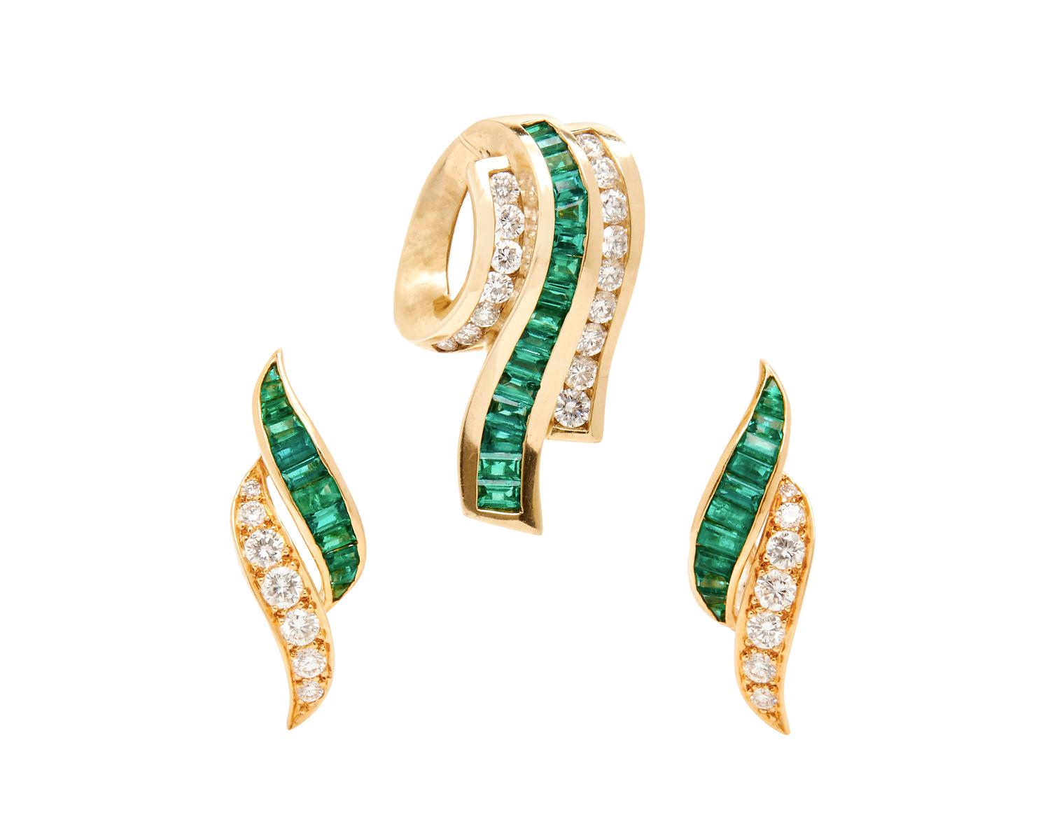 YELLOW GOLD, SYNTHETIC EMERALD, AND DIAMOND CLIP EARRINGS AND SLIDER CHARM