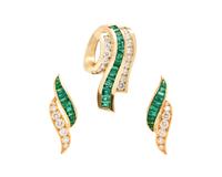YELLOW GOLD, SYNTHETIC EMERALD, AND DIAMOND CLIP EARRINGS AND SLIDER CHARM