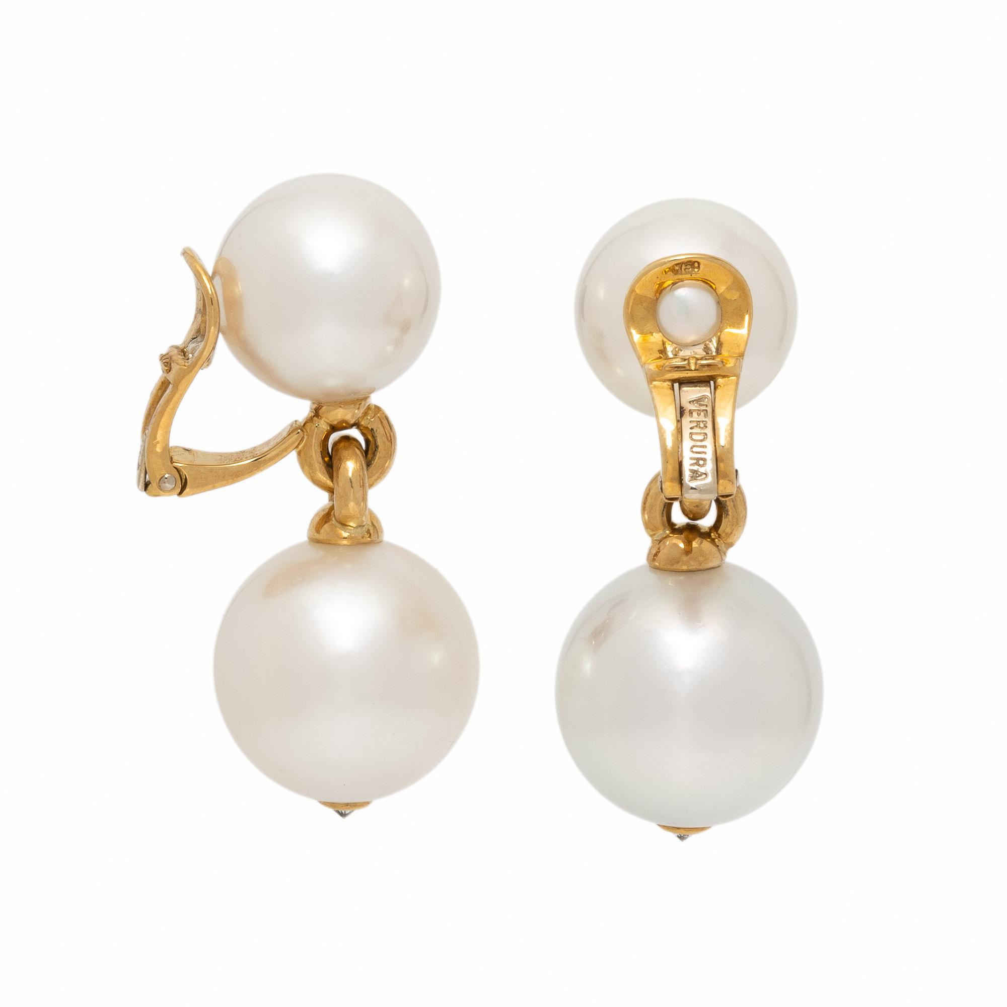 Verdura, Cultured Pearl, Diamond, and Yellow Gold Earrings