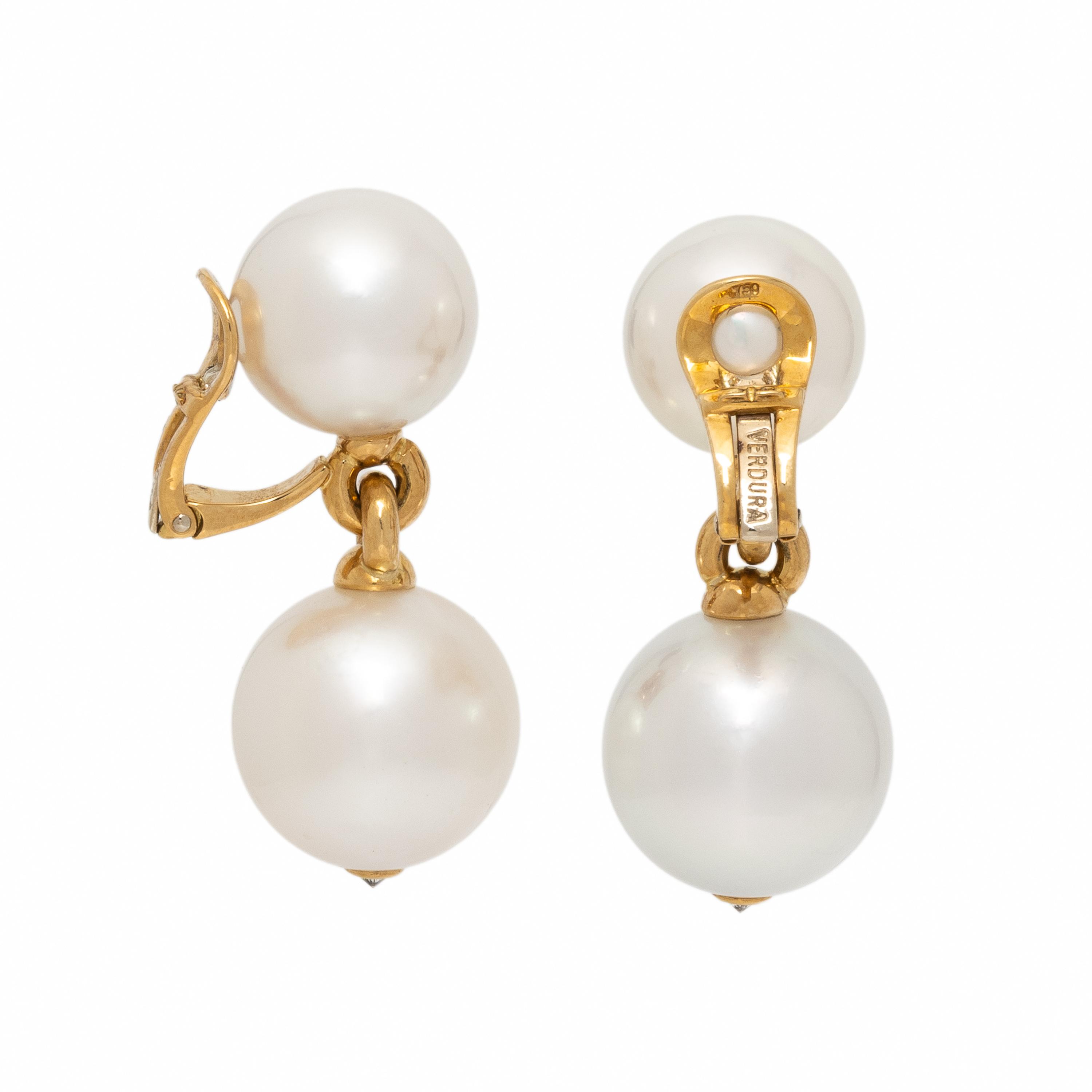 Verdura, Cultured Pearl, Diamond, and Yellow Gold Earrings
