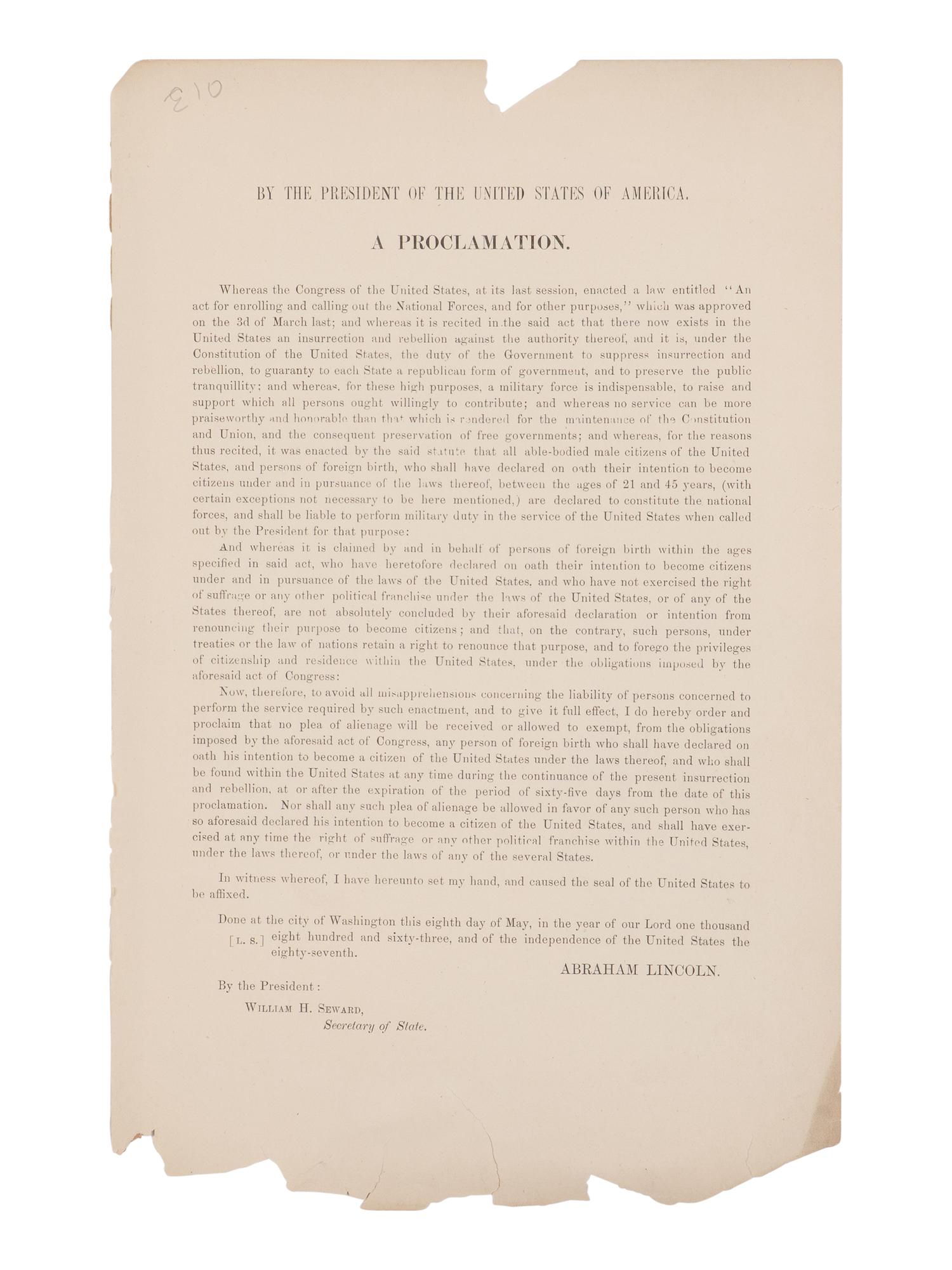 LINCOLN, Abraham (1809-1865). By the President of the United States. A Proclamation . Washington, D.C.: Department of State, 9 May 1863.