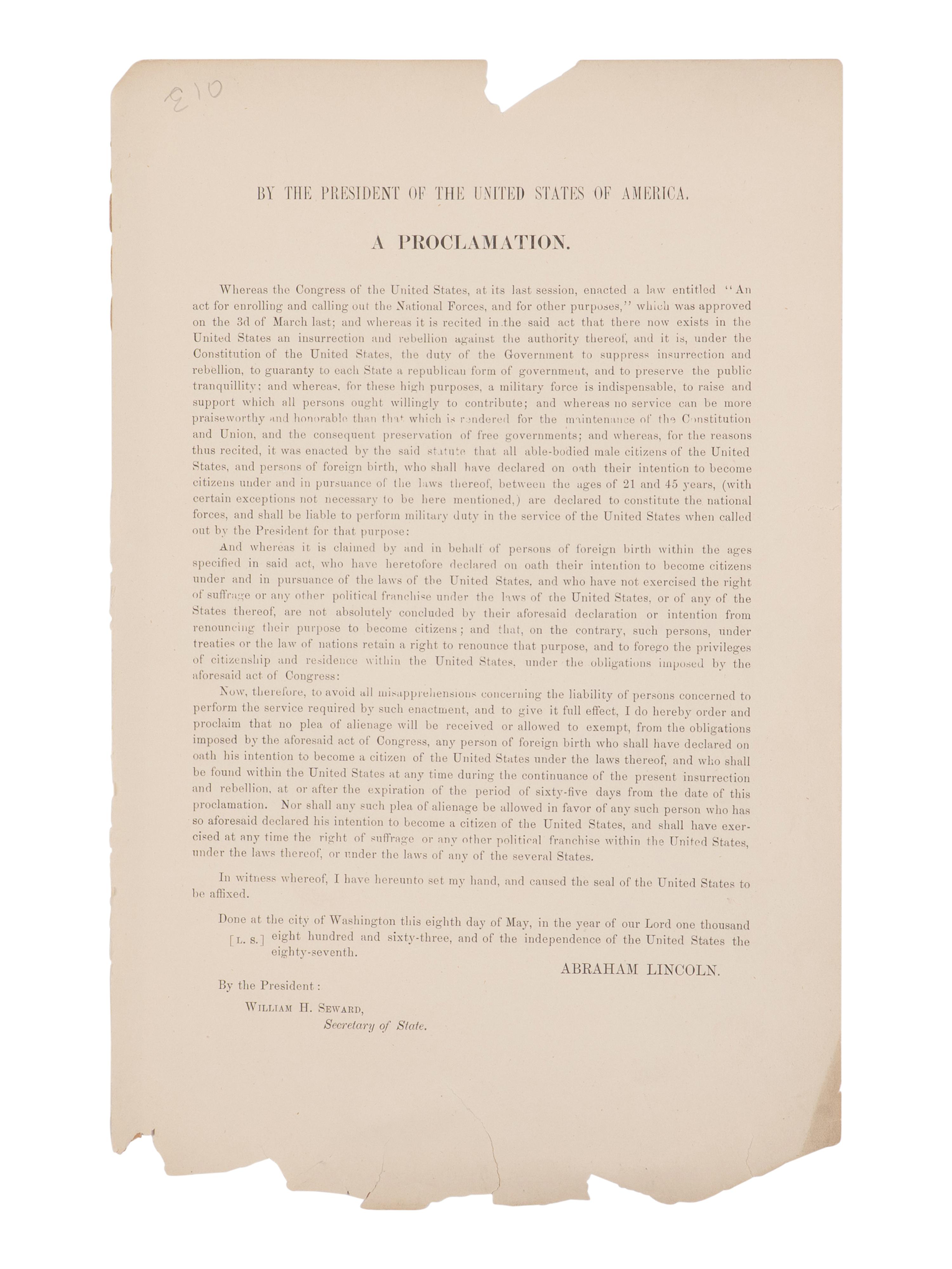 LINCOLN, Abraham (1809-1865). By the President of the United States. A Proclamation . Washington, D.C.: Department of State, 9 May 1863.