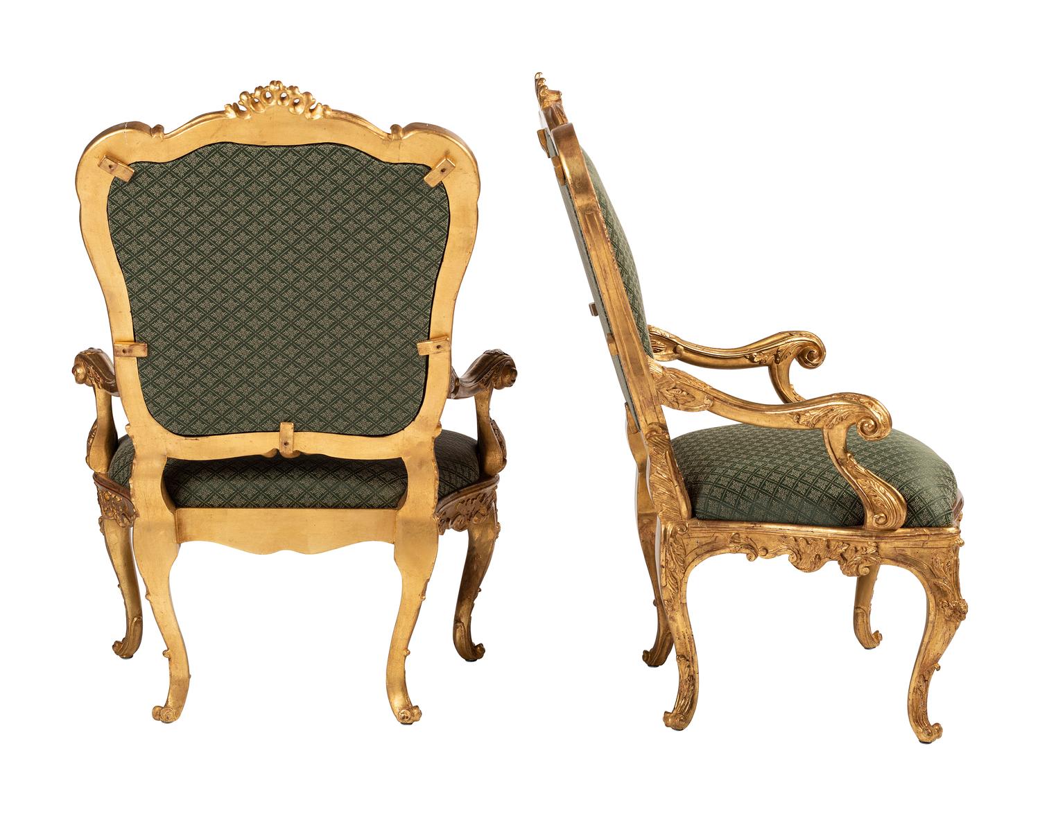 A Pair of Rococo Style Giltwood Fauteuils