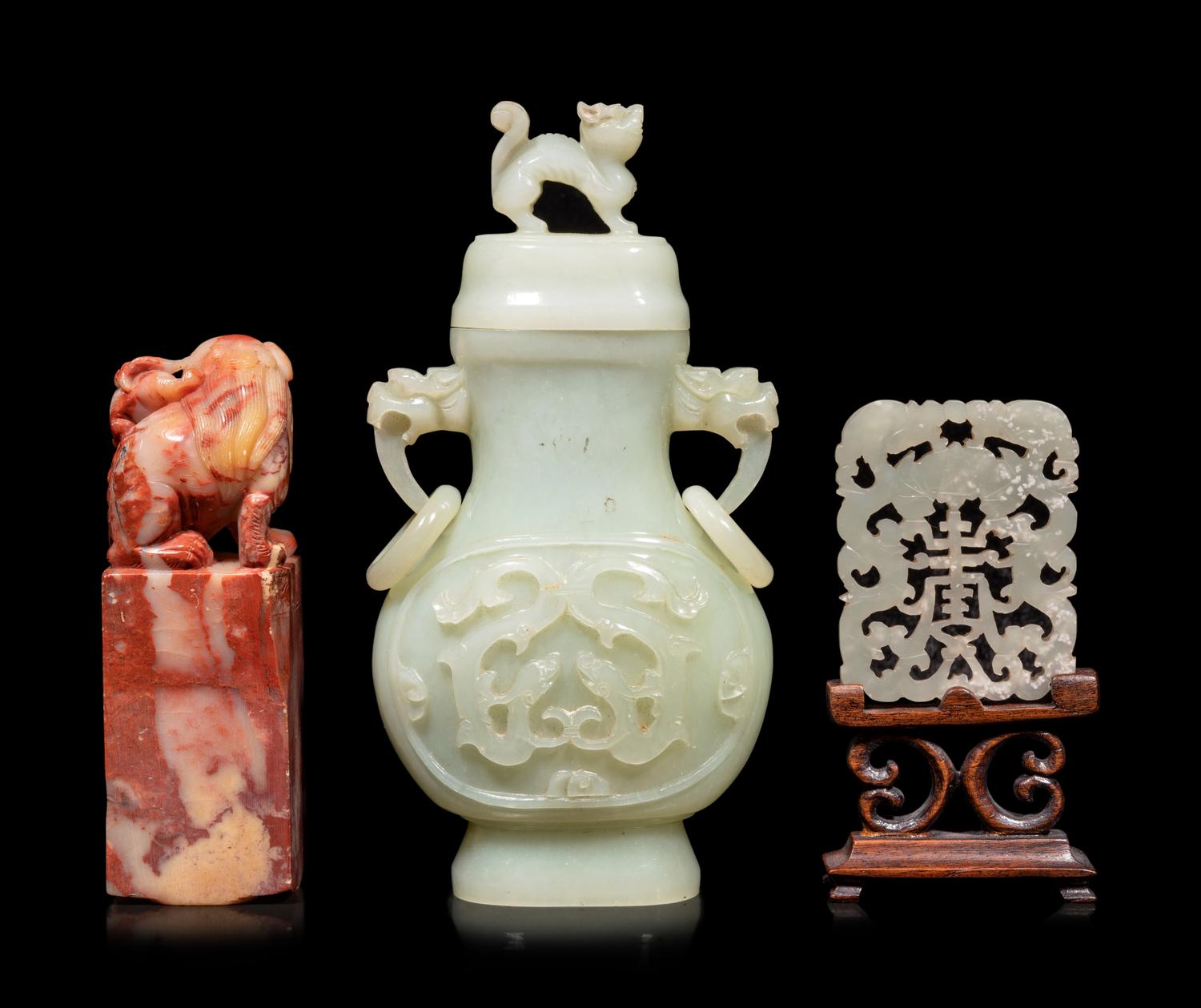 Two Chinese Carved Hardstone Articles and A Carved Soapstone Seal