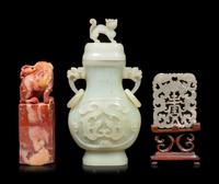 Two Chinese Carved Hardstone Articles and A Carved Soapstone Seal
