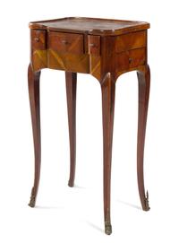 A Louis XV/XVI Transitional Style Parquetry Table a Ecrire Height 29 x width 15 3/4 x depth 12 inches. — 20TH CENTURY