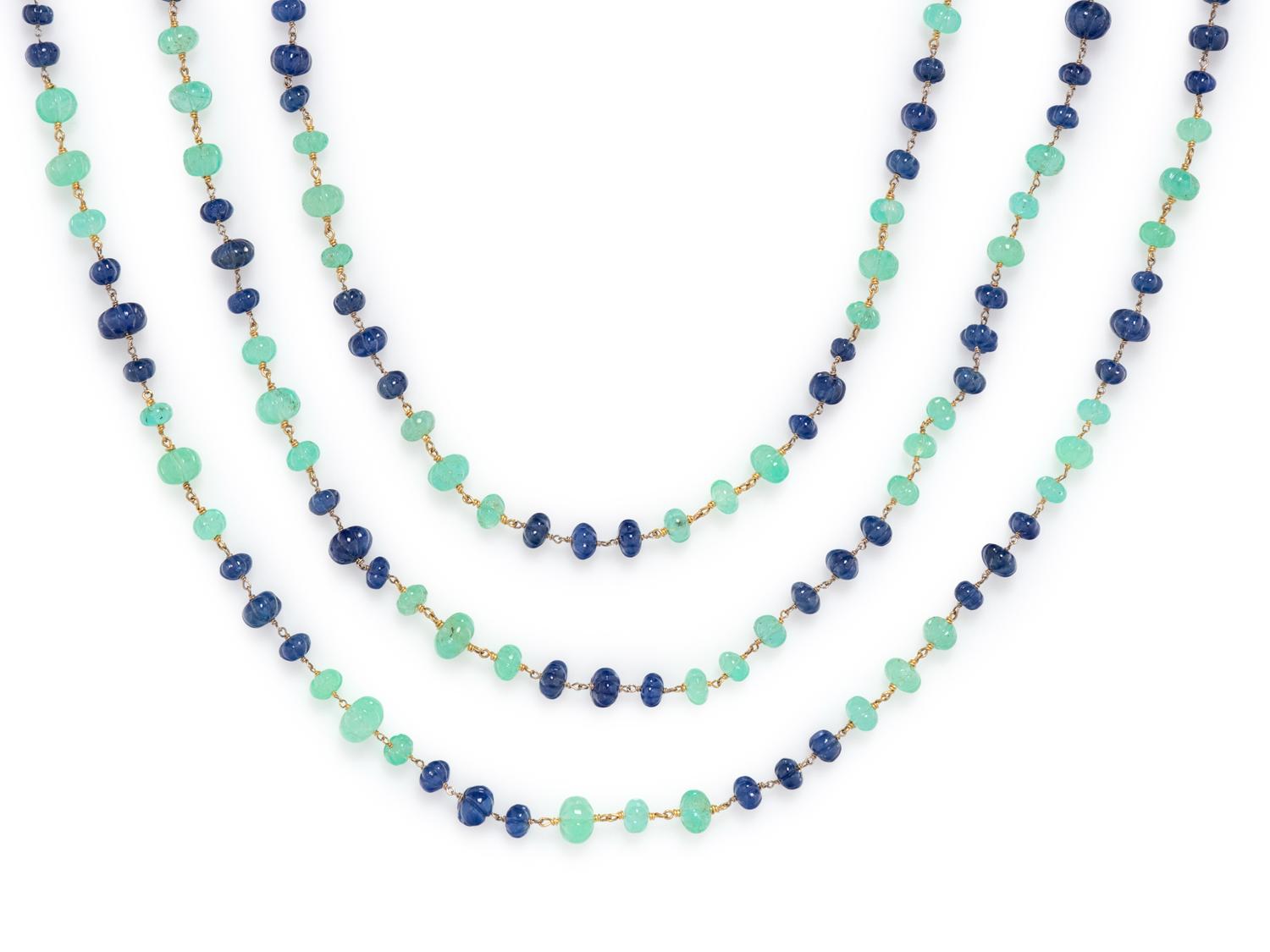 EMERALD AND SAPPHIRE CARVED BEAD NECKLACES