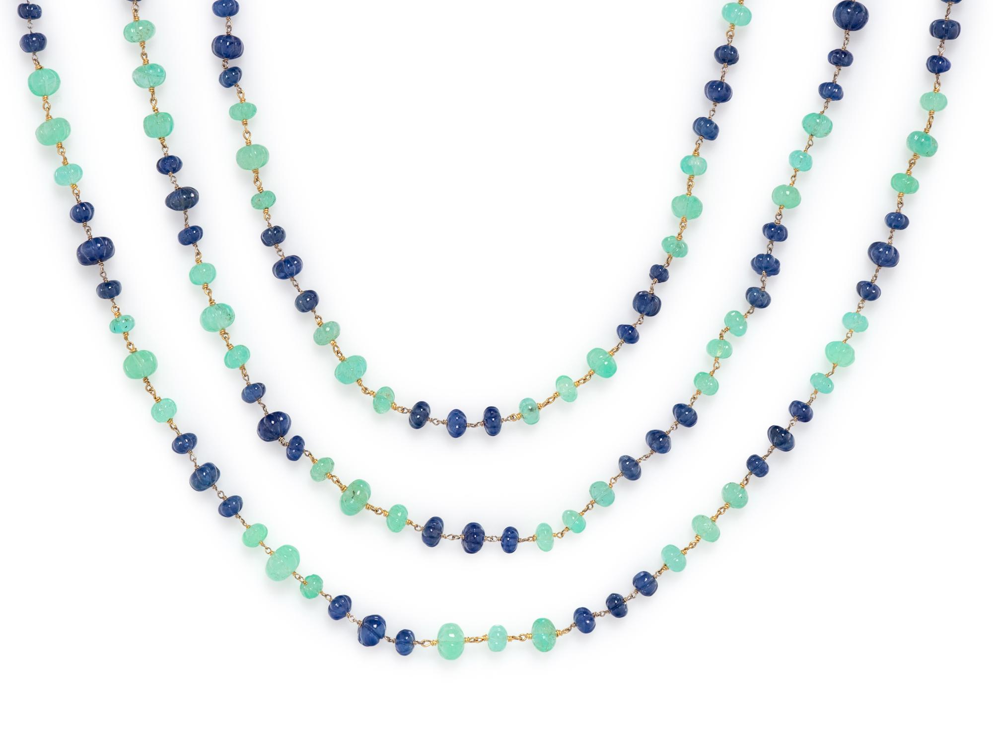 EMERALD AND SAPPHIRE CARVED BEAD NECKLACES