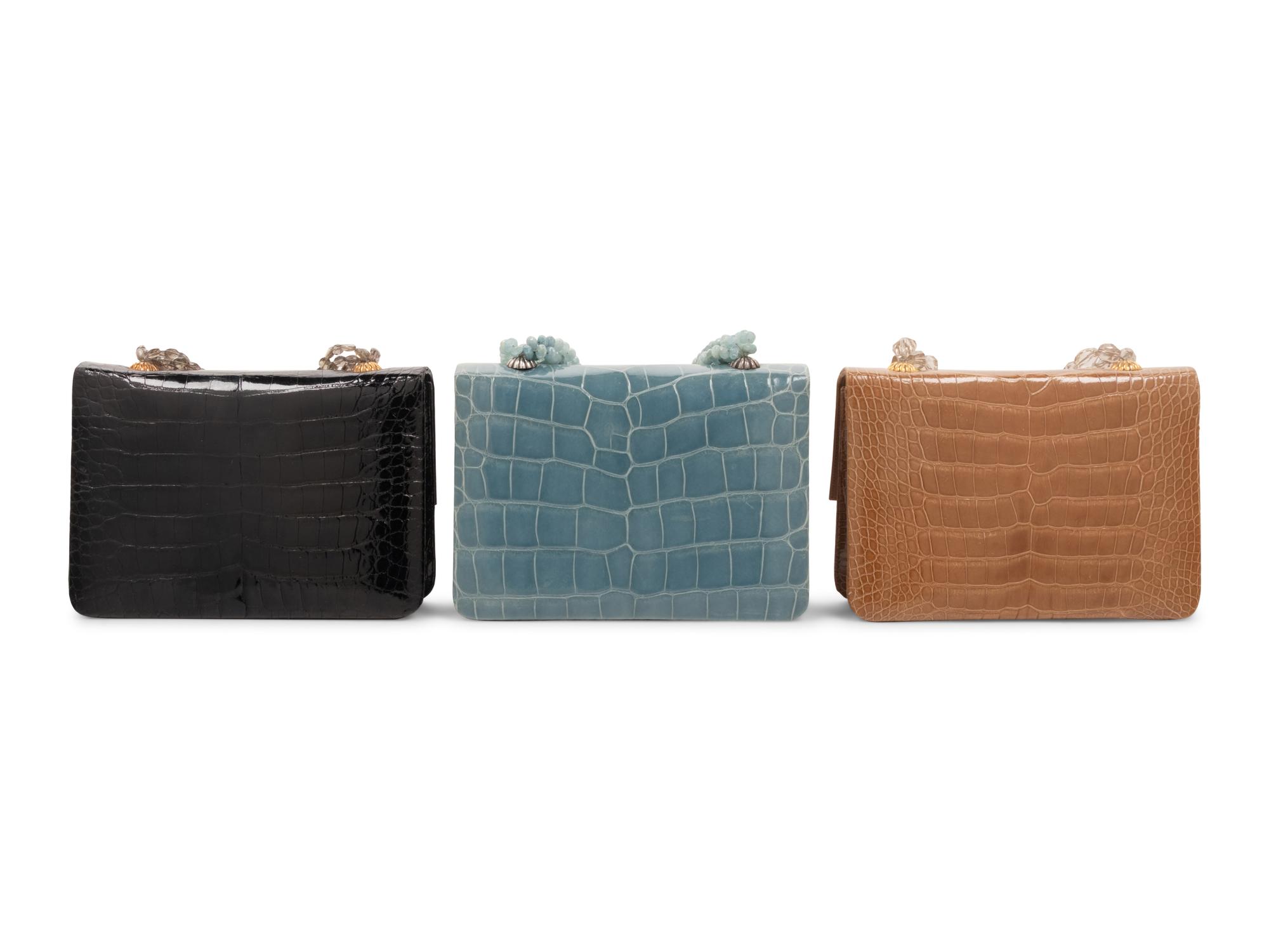 Three Darby Scott Alligator Flap Bags with Stone Handles: One Black, One Tan, One Blue