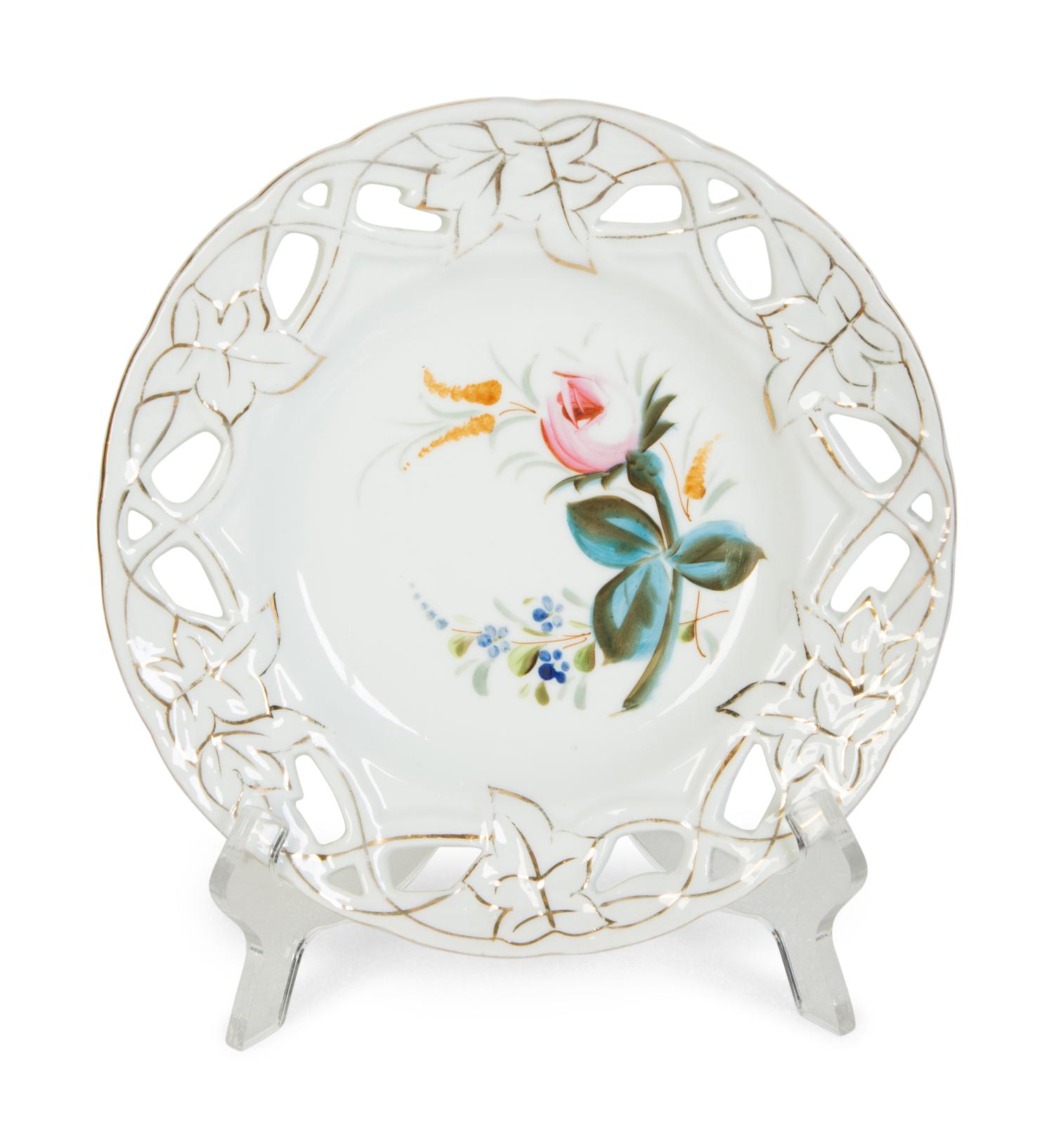 Nine English Porcelain Luncheon Plates and Five Continental Porcelain Cups with Saucers