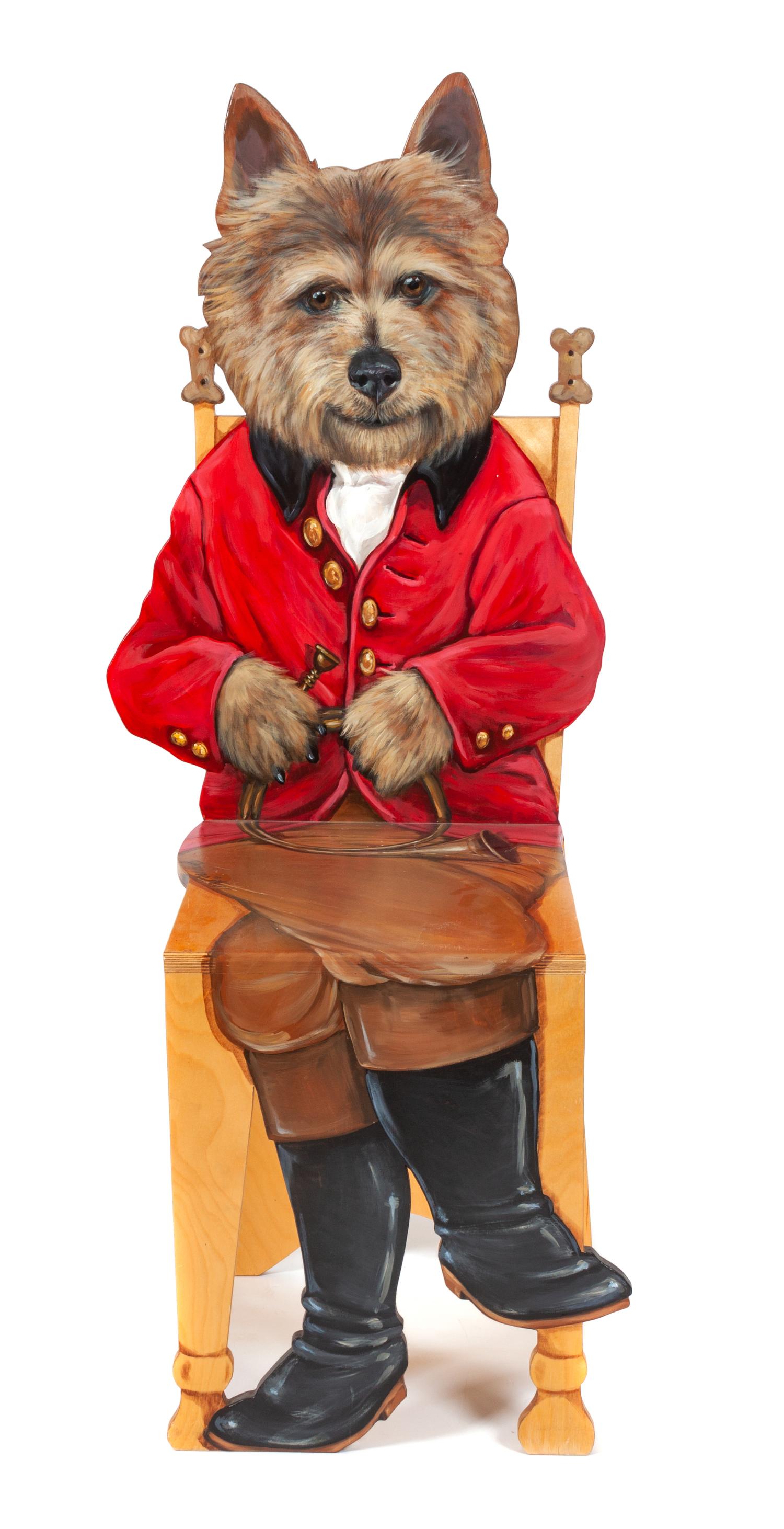 A Wooden Chair depicting a Dog in Foxhunting Garb Height 45 inches. — JOANNE WEST