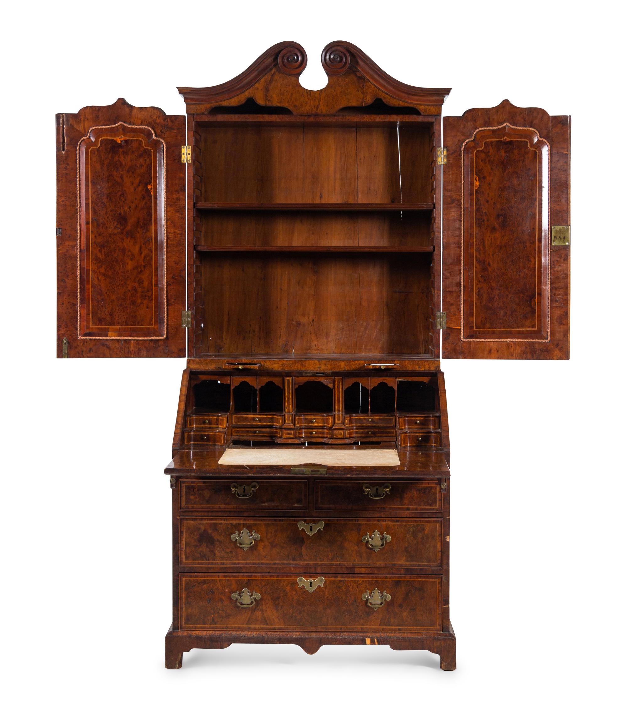 A George I Burr Yew Wood Secretary Bookcase