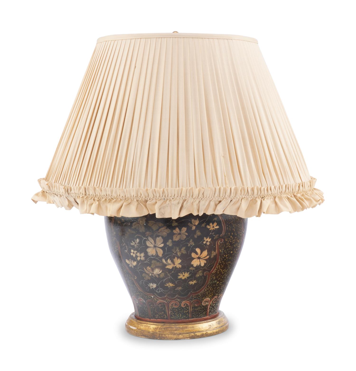 A Painted Tôle Vase Mounted as a Lamp