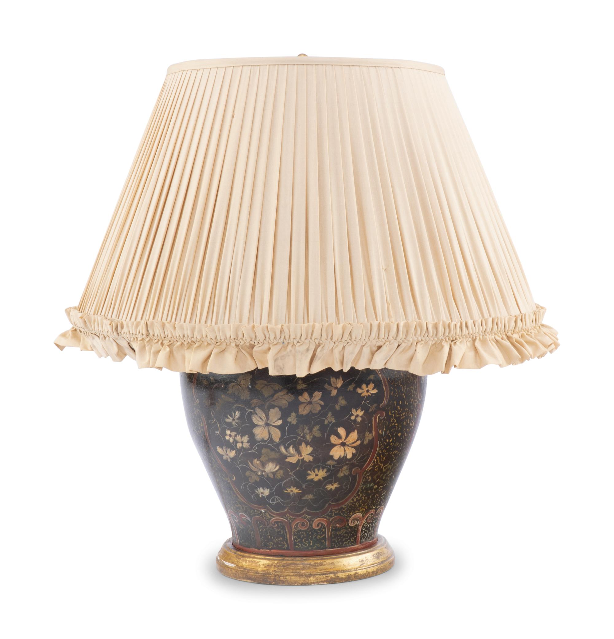 A Painted Tôle Vase Mounted as a Lamp