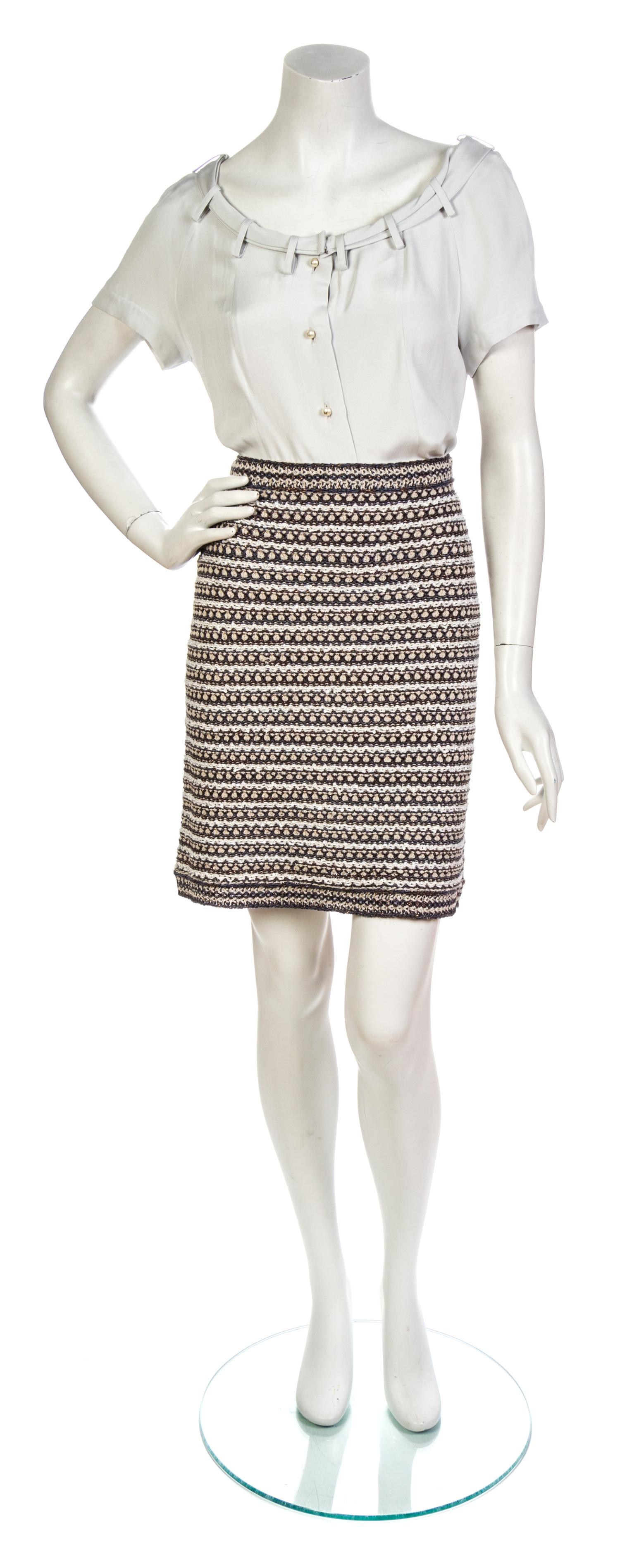 A Chanel Metallic Grey, Taupe and Ivory Beaded Cotton Knit Skirt Suit,