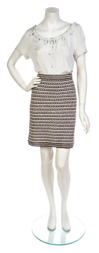 A Chanel Metallic Grey, Taupe and Ivory Beaded Cotton Knit Skirt Suit,