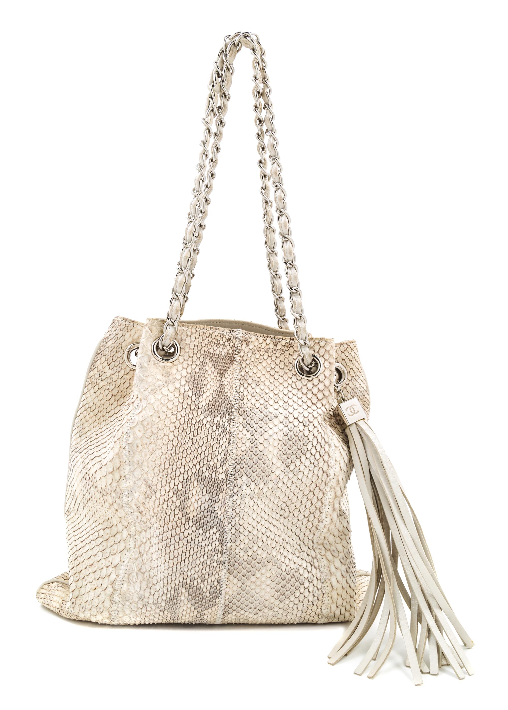 A Chanel Cream and Grey Python Drawstring Bag, 11" x 11" x .5"; Strap drop: 8".