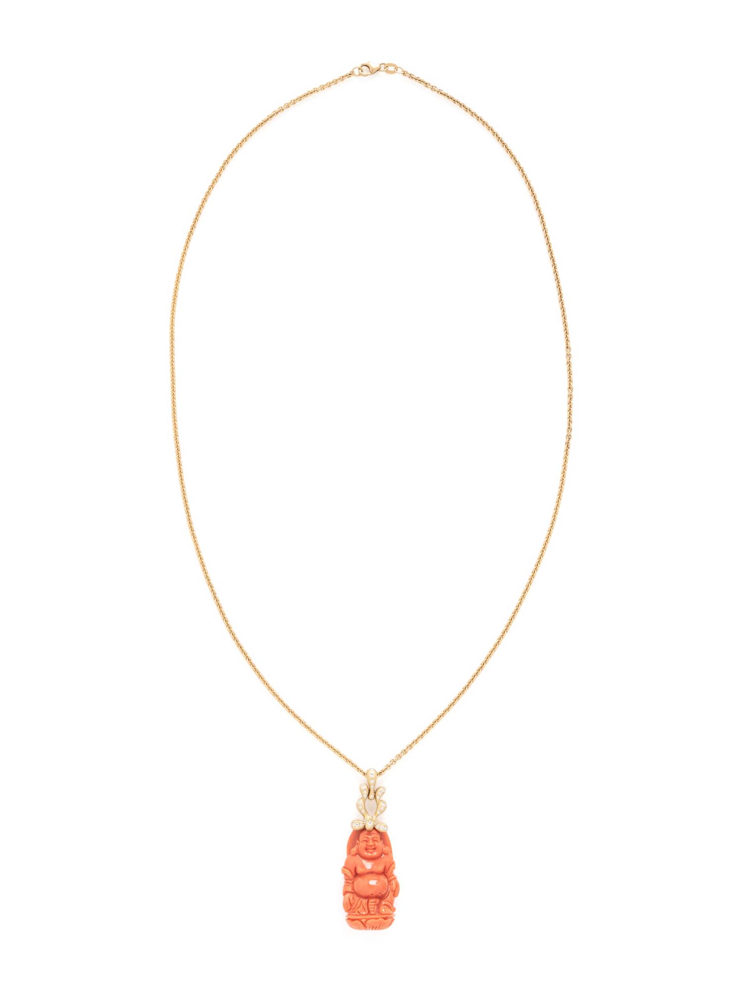 DONALD HUBER, CORAL AND DIAMOND BUDDHA PENDANT/NECKLACE