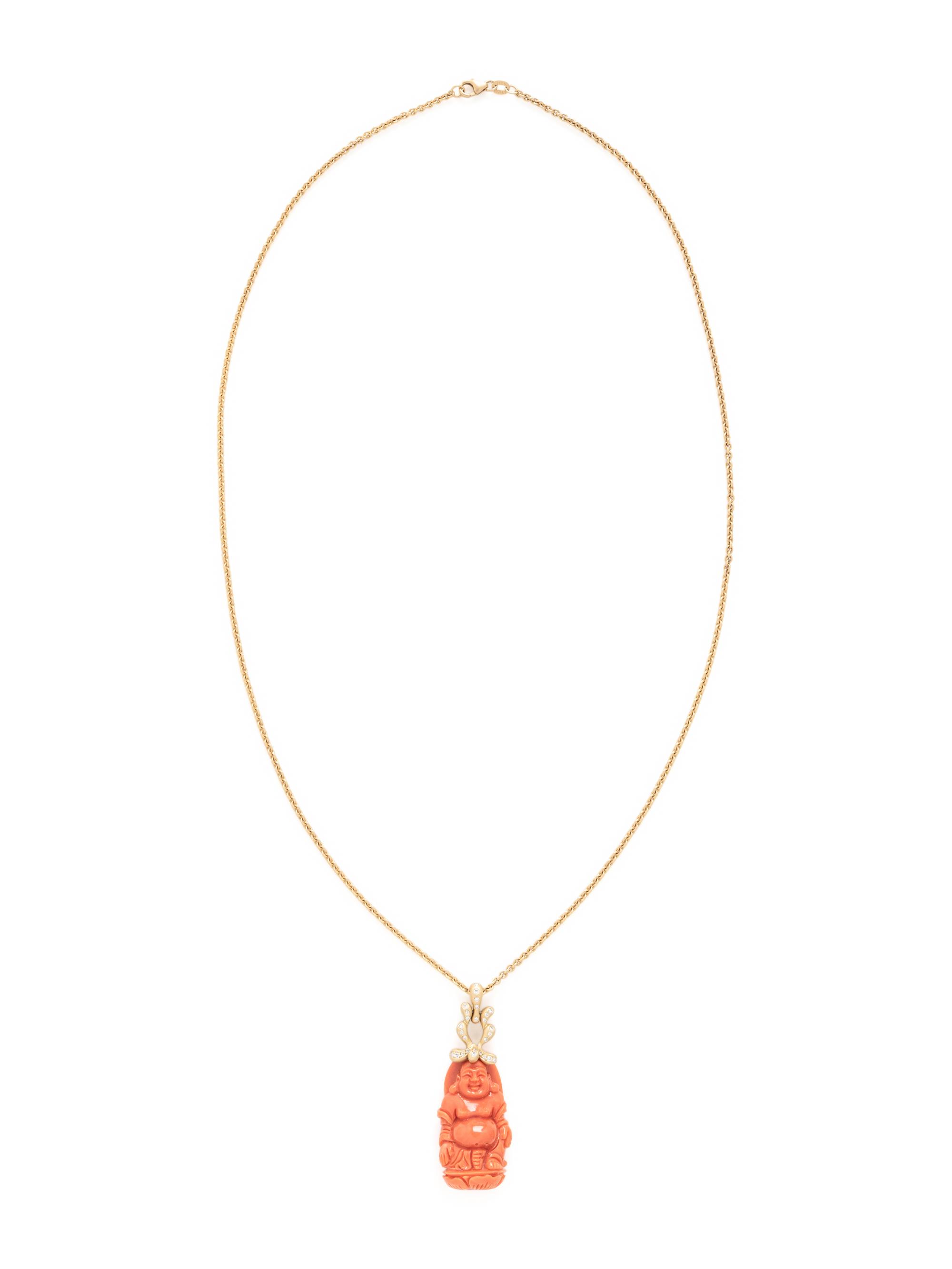 DONALD HUBER, CORAL AND DIAMOND BUDDHA PENDANT/NECKLACE