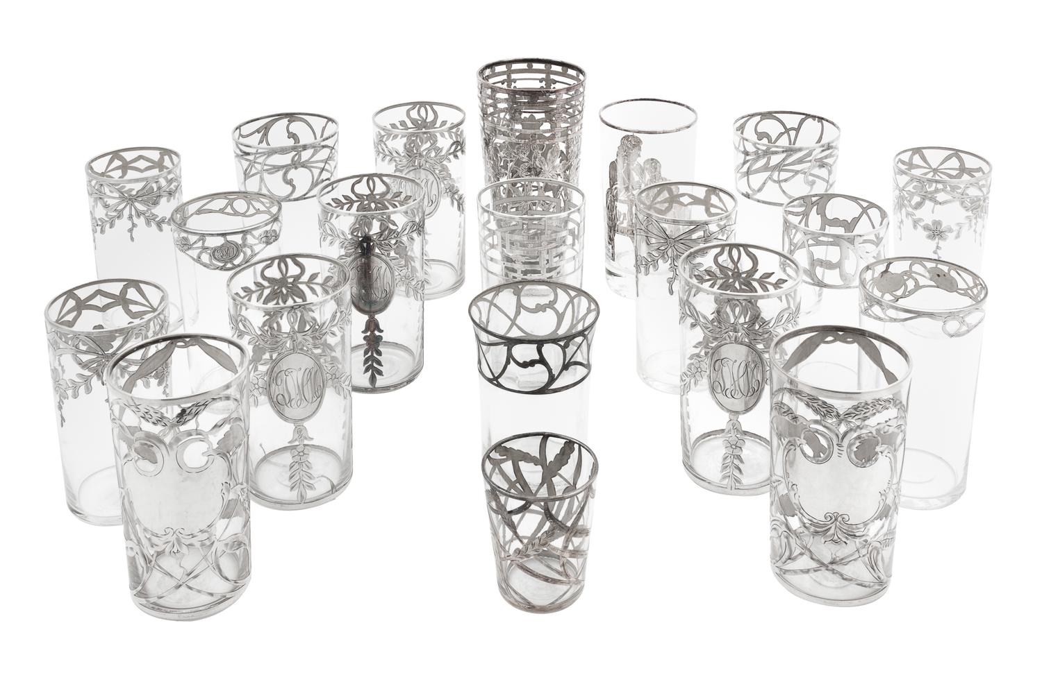 A Group of Twenty Silver Overlay Glass Cups Height of tallest 5 7/8 inches.