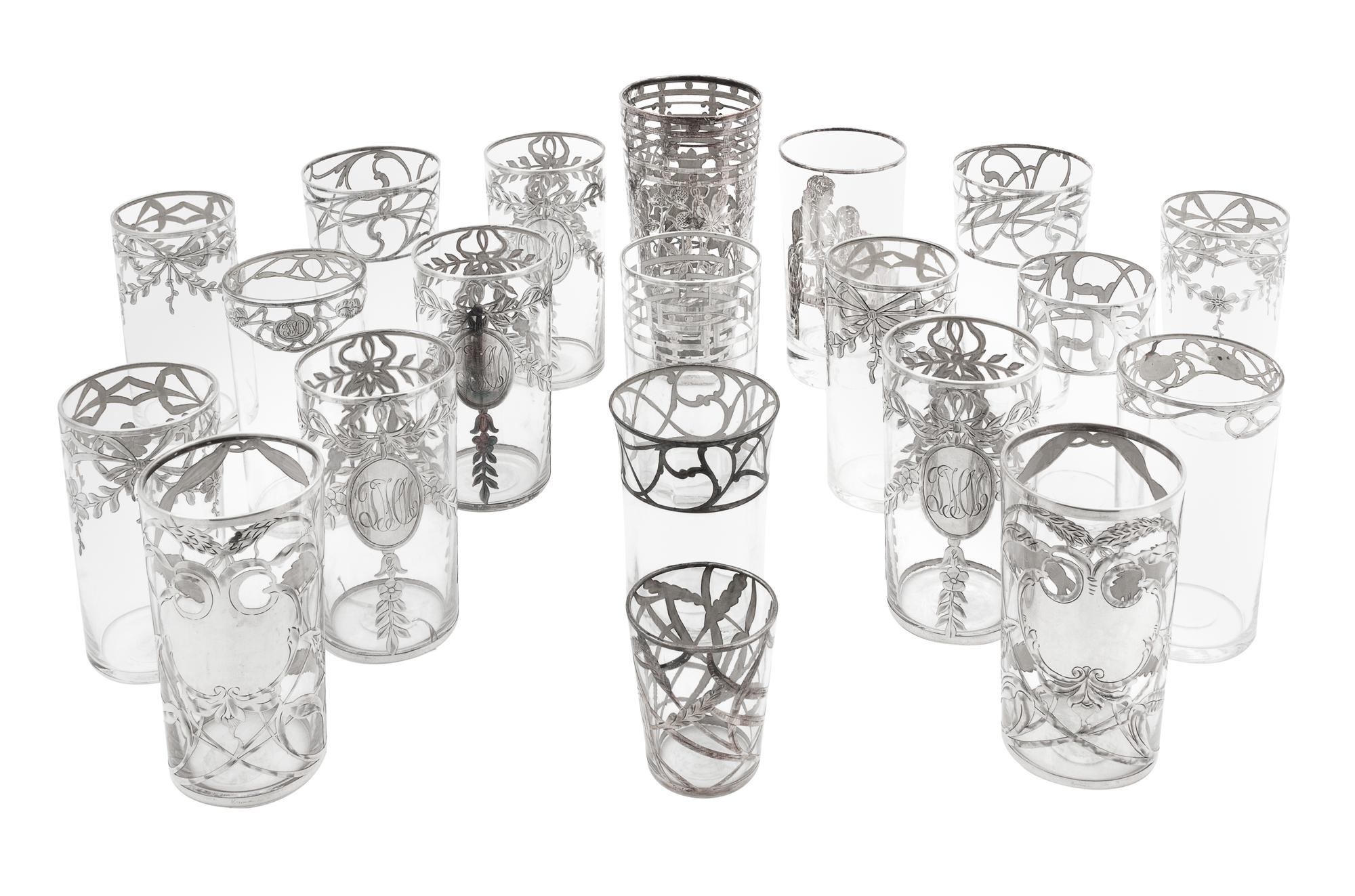 A Group of Twenty Silver Overlay Glass Cups Height of tallest 5 7/8 inches.