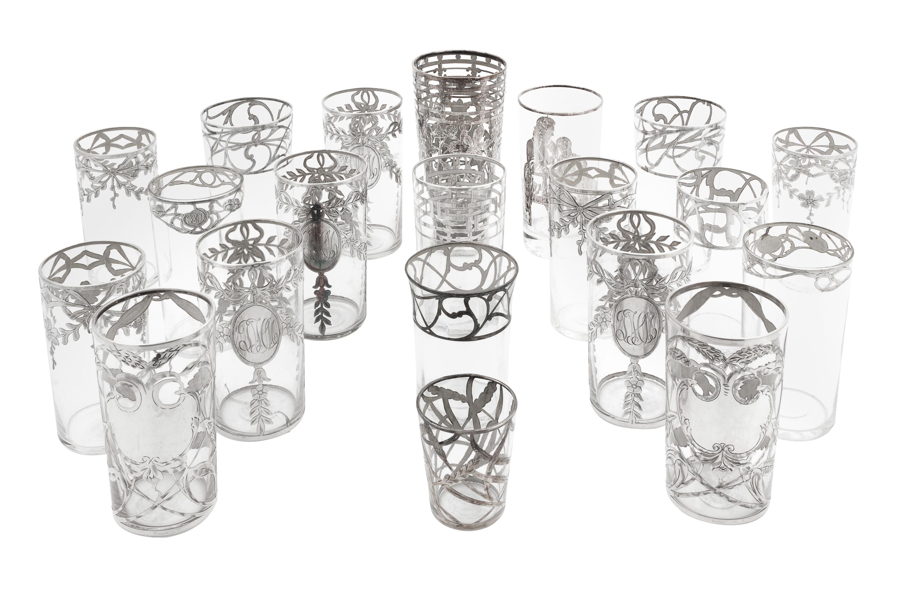A Group of Twenty Silver Overlay Glass Cups Height of tallest 5 7/8 inches.