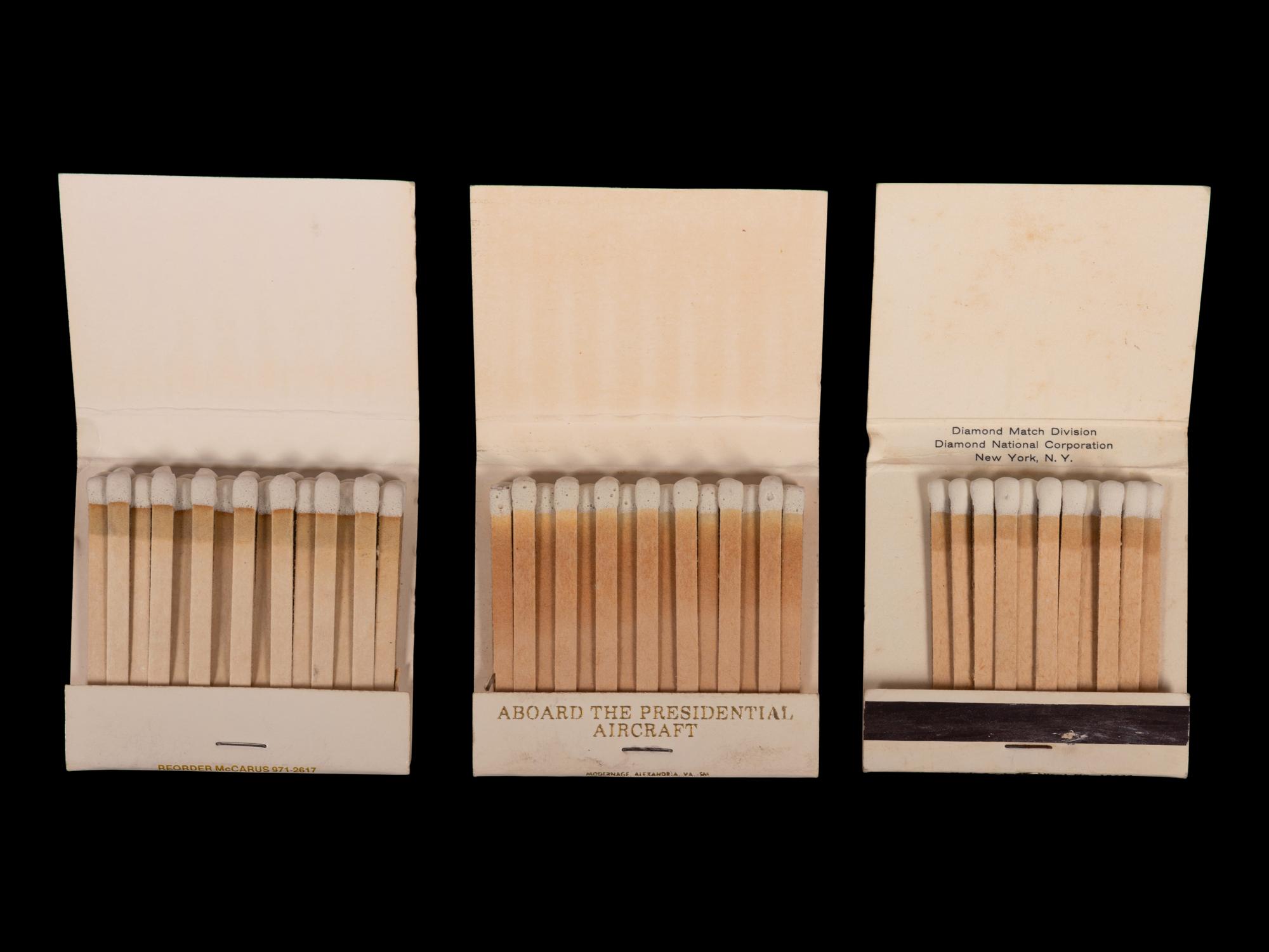 (Politics) : A group of 3 matchbooks from Marine One, Air Force One, and “The President’s House.”