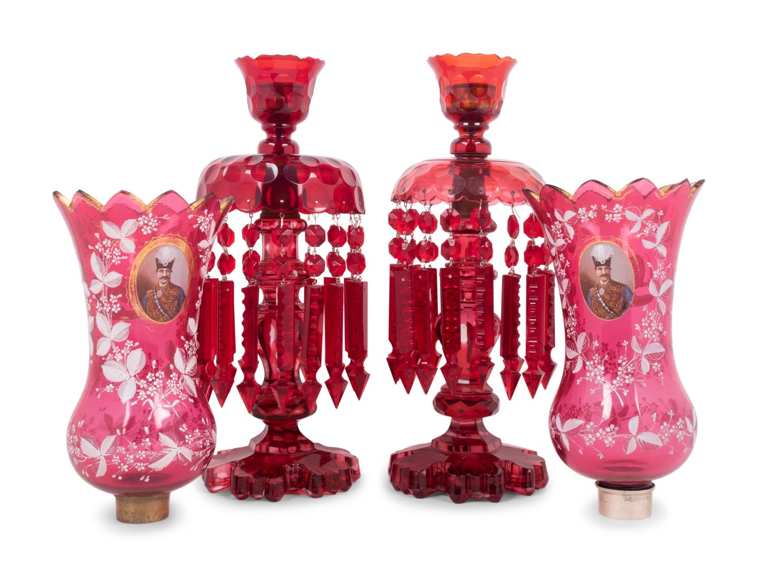 A Pair of Persian Market Enameled Glass Oil Lamps