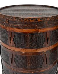 A Pair of Chinese Bamboo Picnic Baskets and Two Lacquer Low Tables — 20TH CENTURY