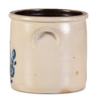 A Cobalt Decorated Stoneware 3-Gallon Quail and Flower Crock