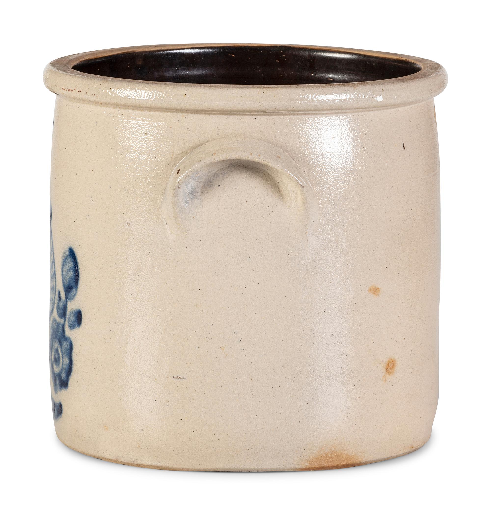 A Cobalt Decorated Stoneware 3-Gallon Quail and Flower Crock