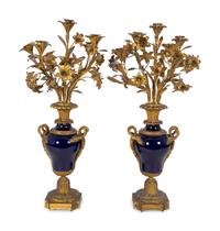 A Pair of Louis XV Style Gilt-Bronze and Cobalt Blue-Glazed Porcelain Five-Light Candelabra — 19TH CENTURY