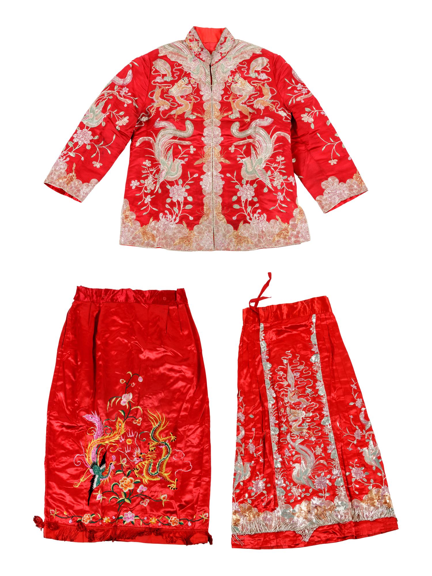 A Chinese Embroidered Silk Wedding Gown and Skirt