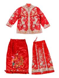 A Chinese Embroidered Silk Wedding Gown and Skirt