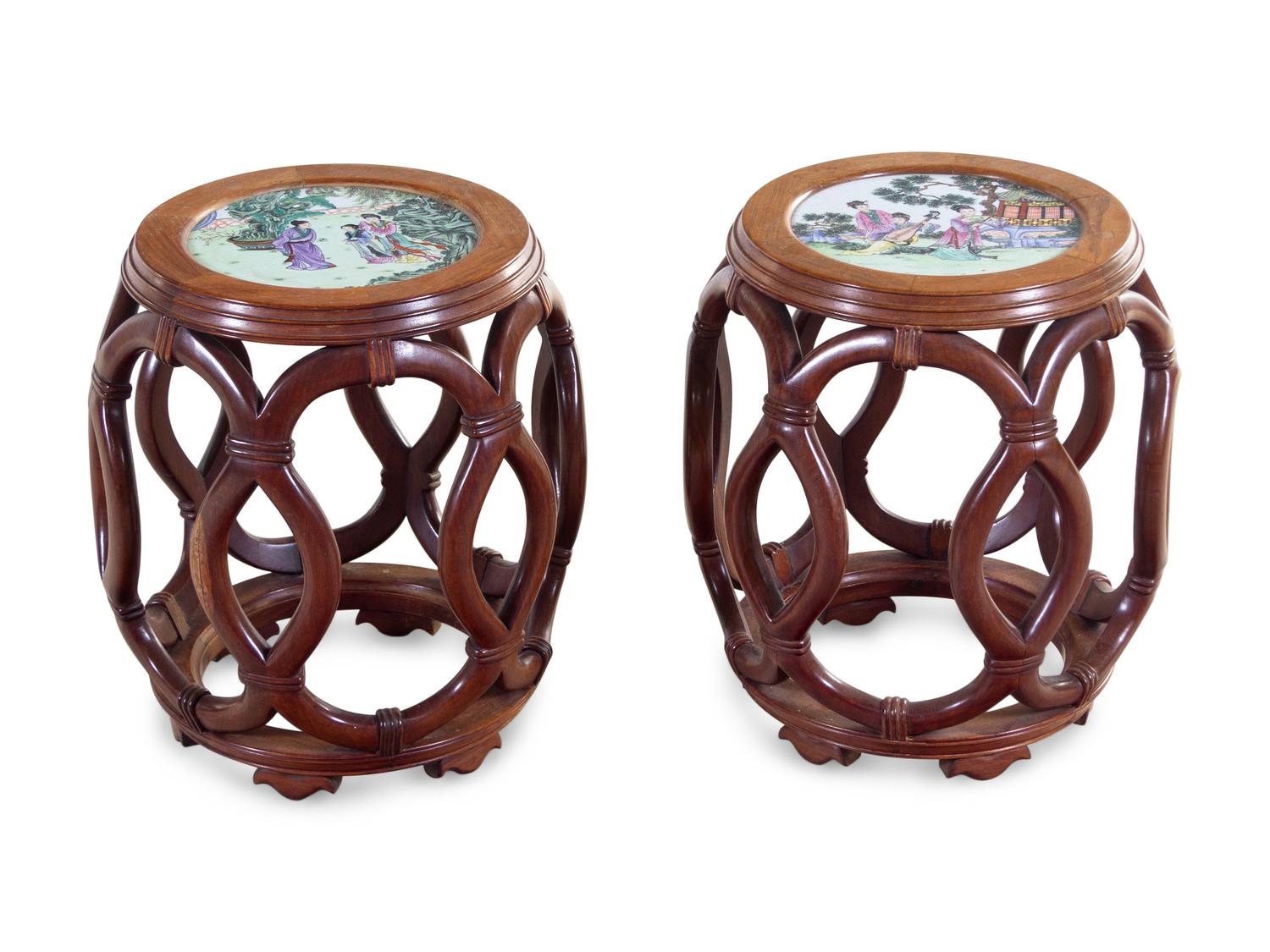A Pair of Chinese Famille Rose Porcelain Inset Hardwood Stools