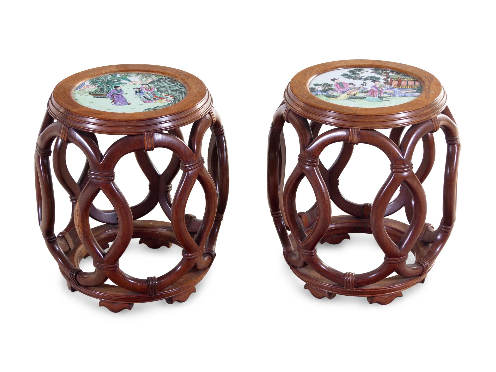 A Pair of Chinese Famille Rose Porcelain Inset Hardwood Stools