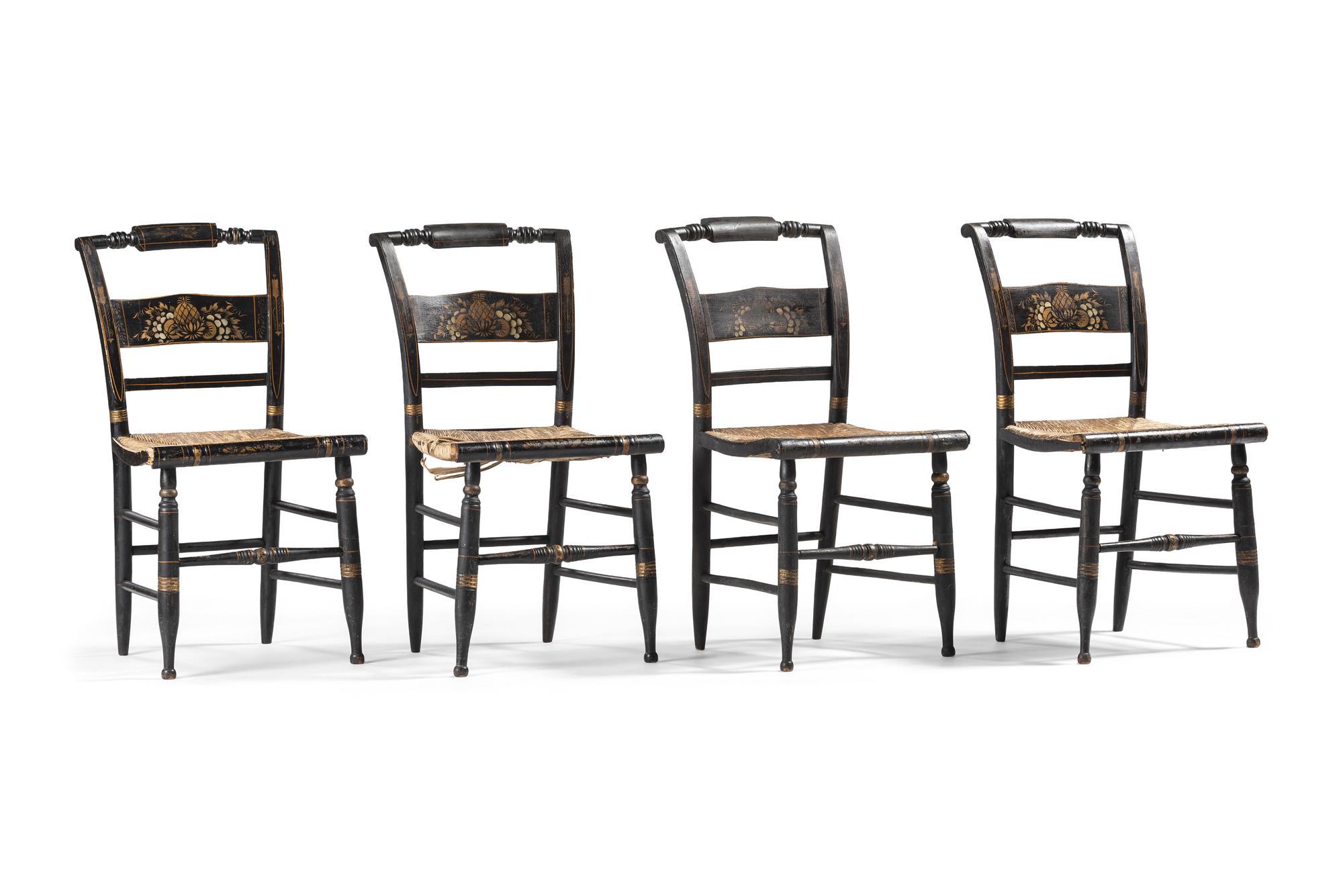 A Set of Four Stencil and Parcel Gilt Decorated Rush-Seat Hitchcock Side Chairs