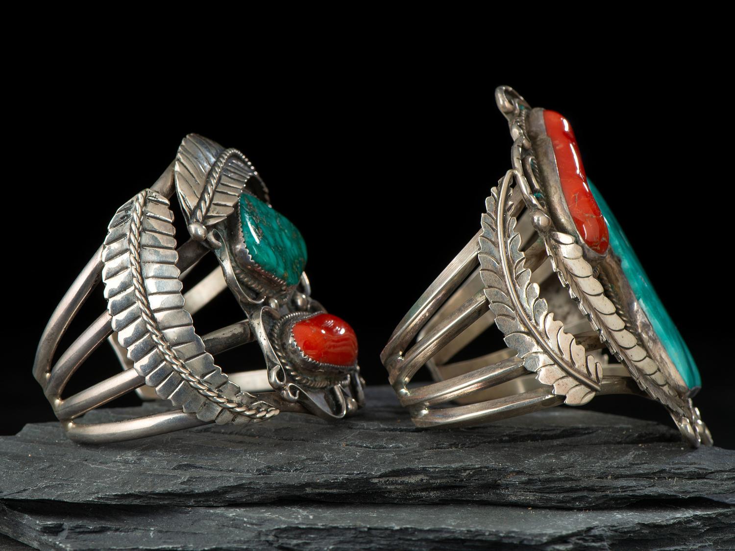 Pair of Navajo Turquoise and Coral Cuff Bracelets