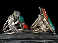 Pair of Navajo Turquoise and Coral Cuff Bracelets
