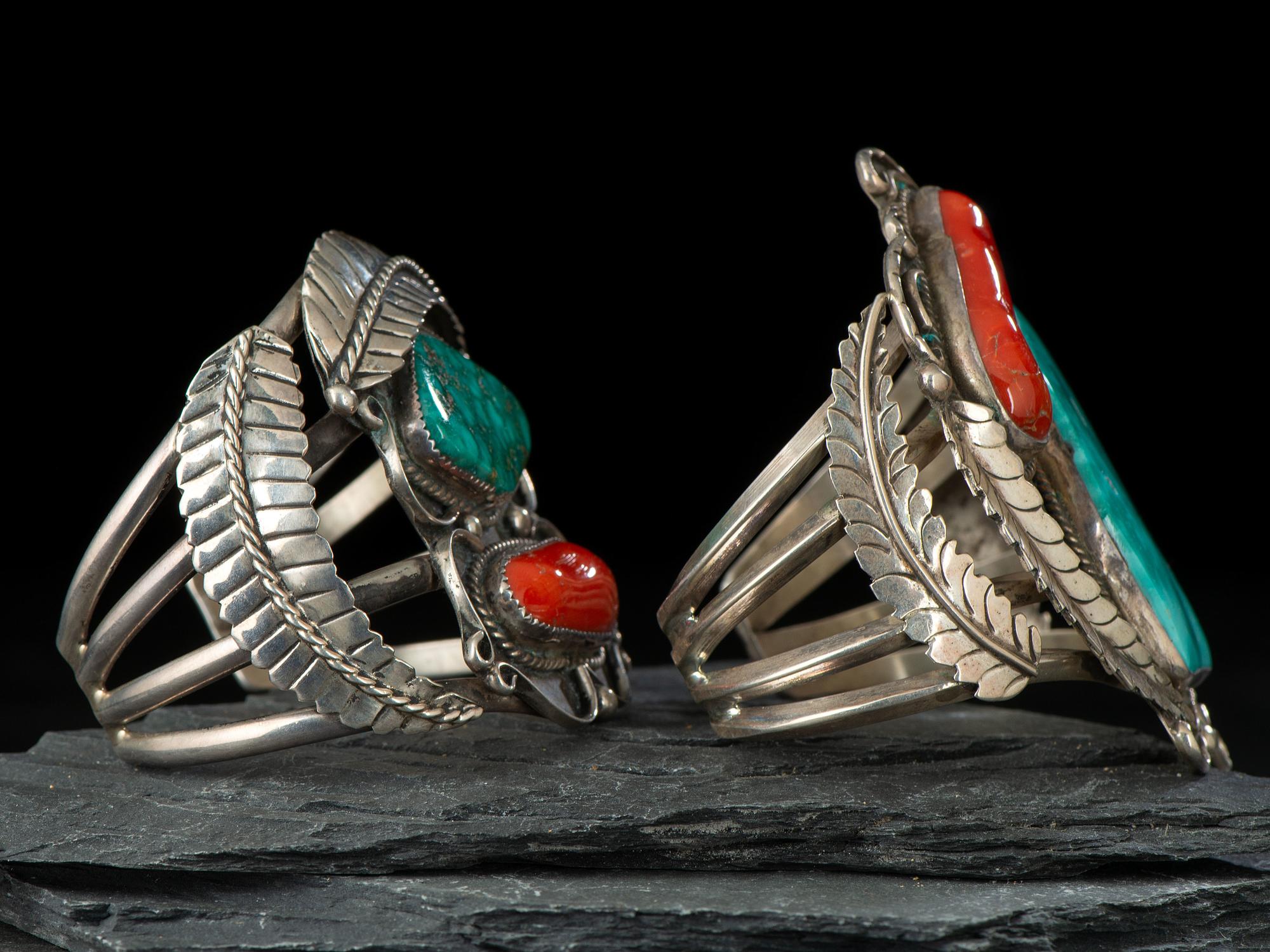 Pair of Navajo Turquoise and Coral Cuff Bracelets