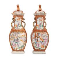 A Pair of Chinese Export Famille Rose Porcelain Covered Vases