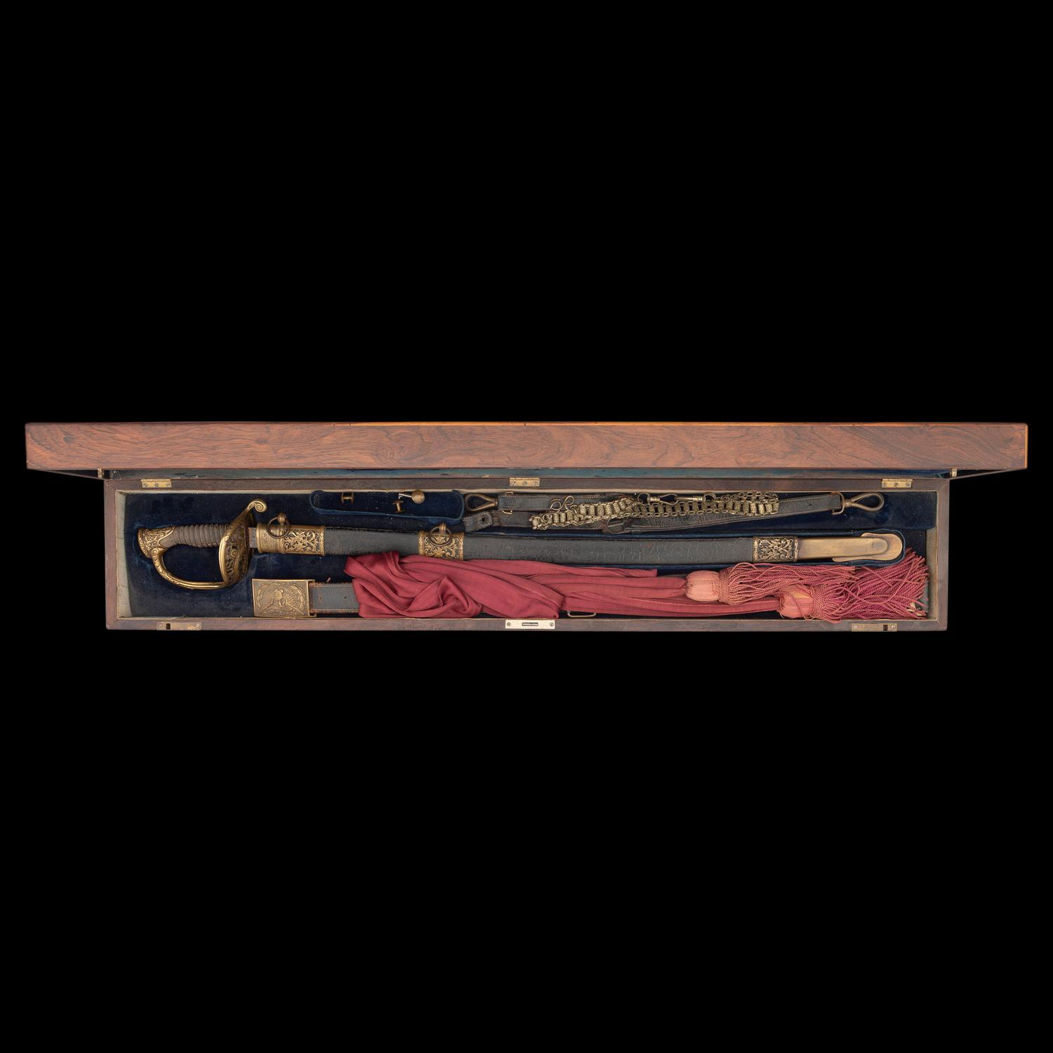 Cased Damascus Bladed Import 1850 Staff & Field Officers Sword Presented to Capt. (Major) William Wood - 9th NY Heavy Artillery with Belt and Sash